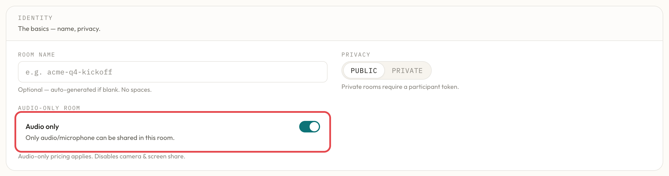 Audio only switch on the Create a room page
