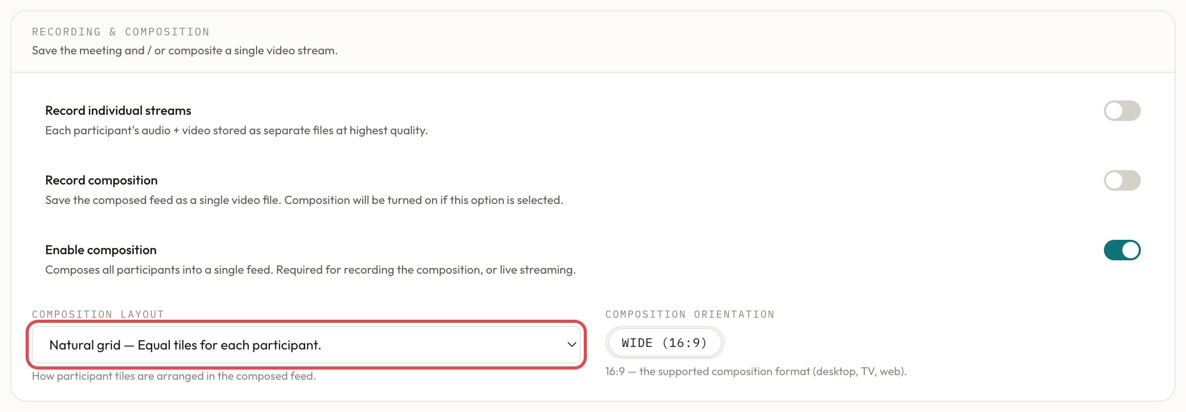 Composition layout menu on the room form