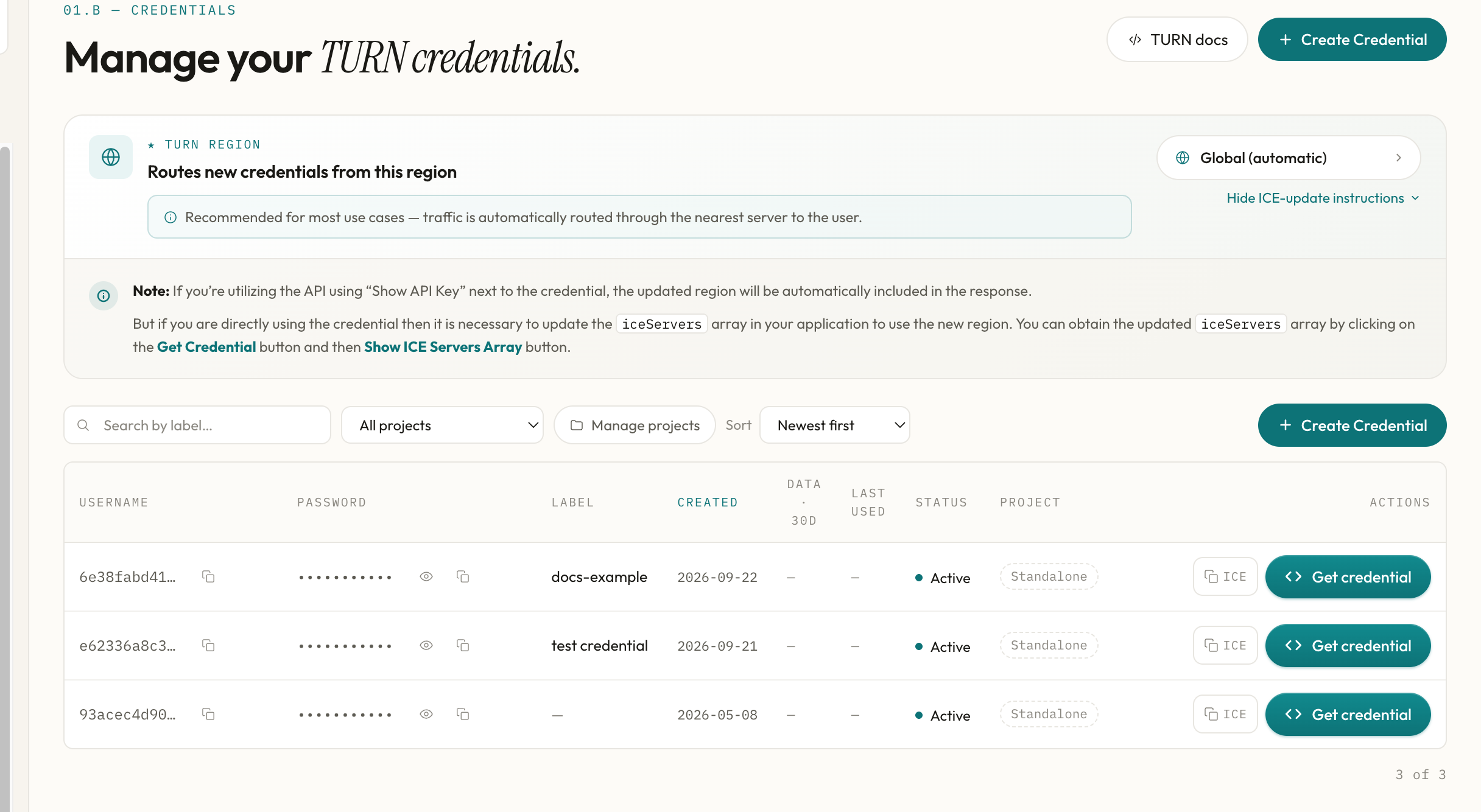 TURN Credentials page