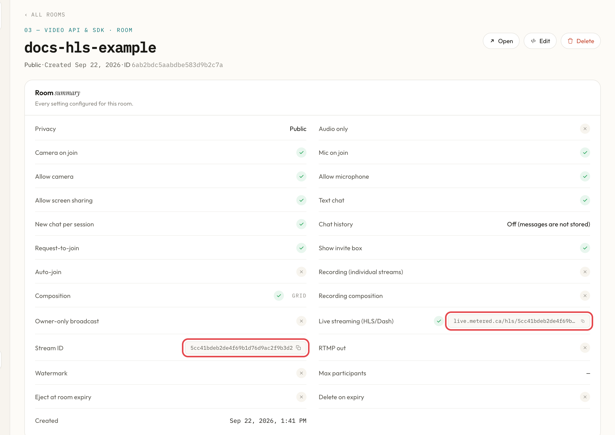 HLS live stream URL on the room page