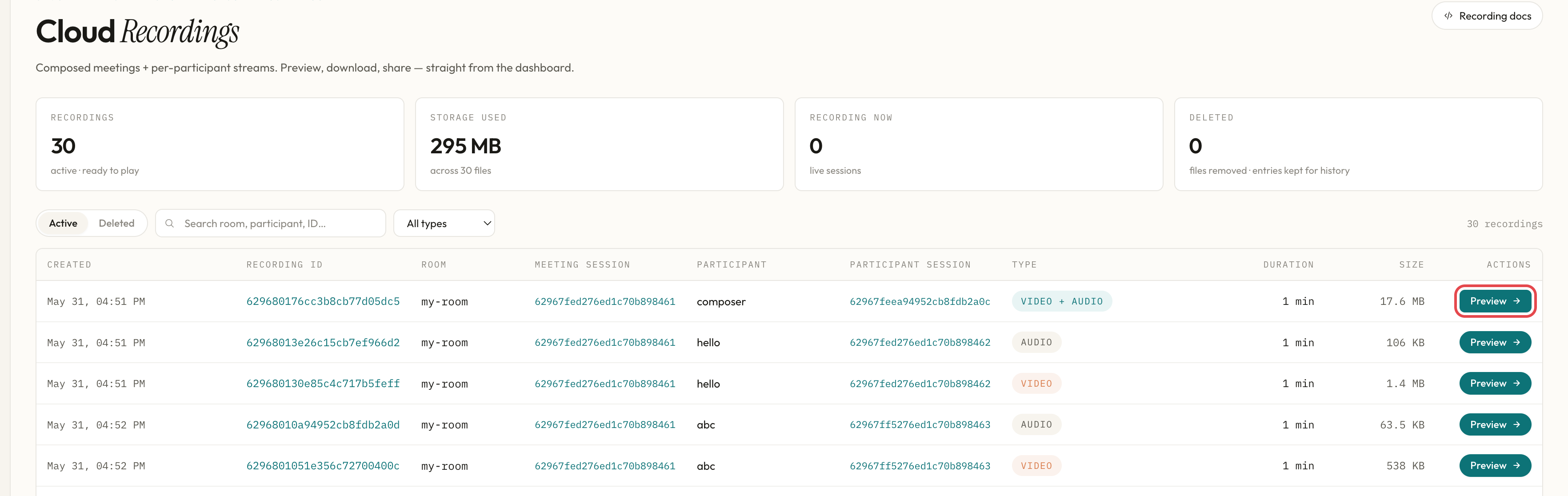 Cloud Recordings table
