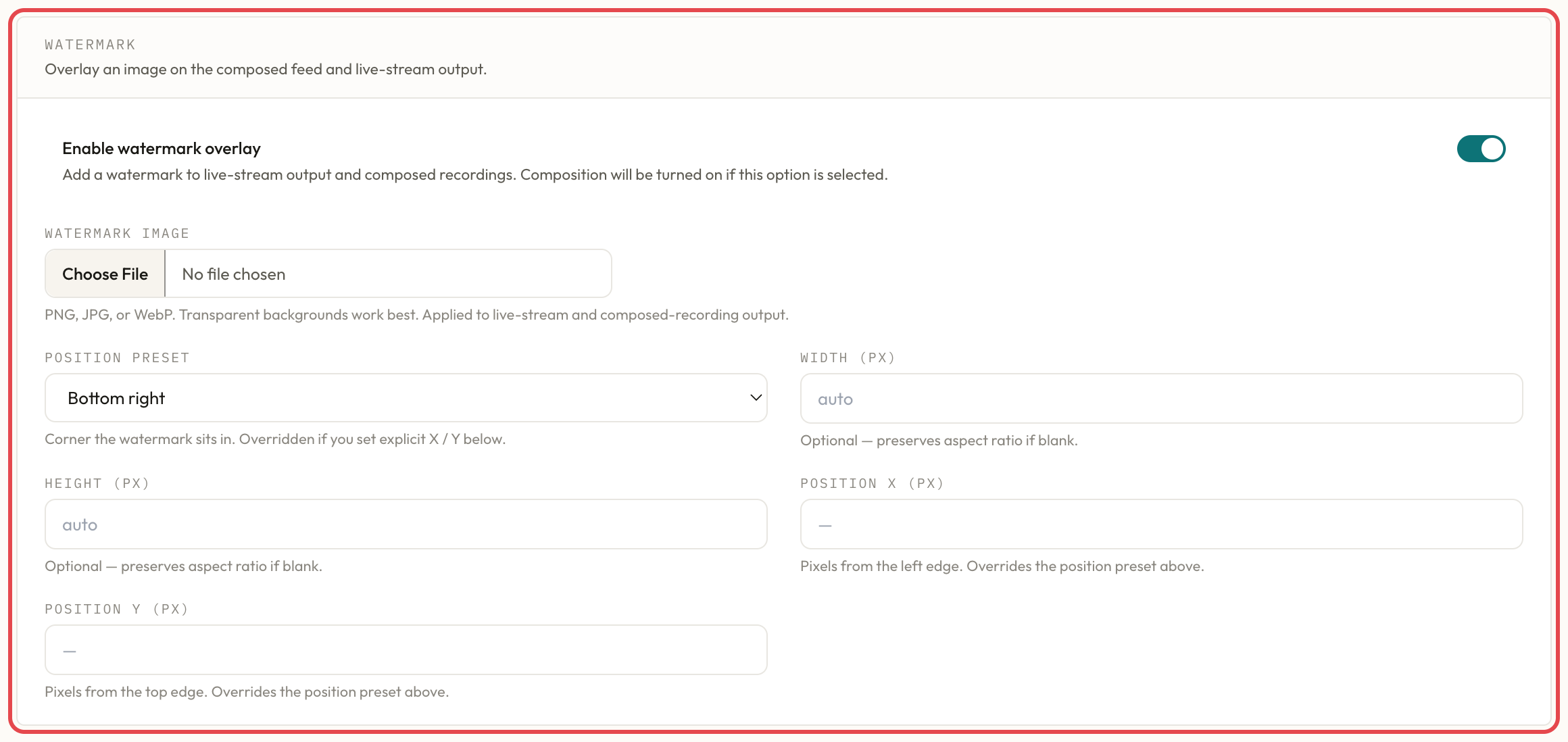 Watermark section on the room form