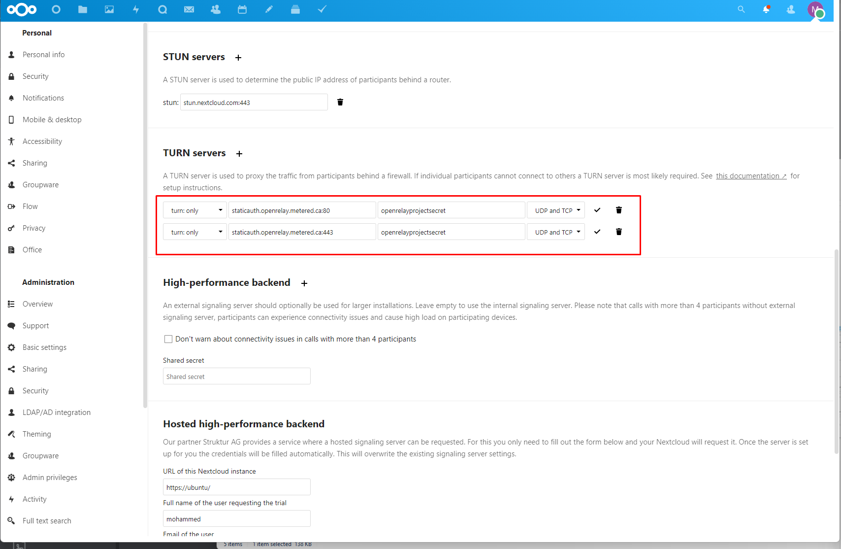 Nextcloud Talk TURN Server Setting